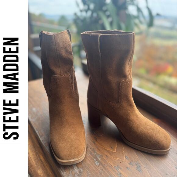 Steve Madden Romney Chestnut Brown Suede Block Heel 7 Like New pull on leather - Picture 2 of 11